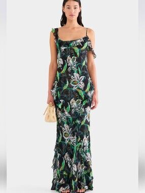 NWT Venroy Asymmetric Low Back Silk Ruffle Dress. Size M